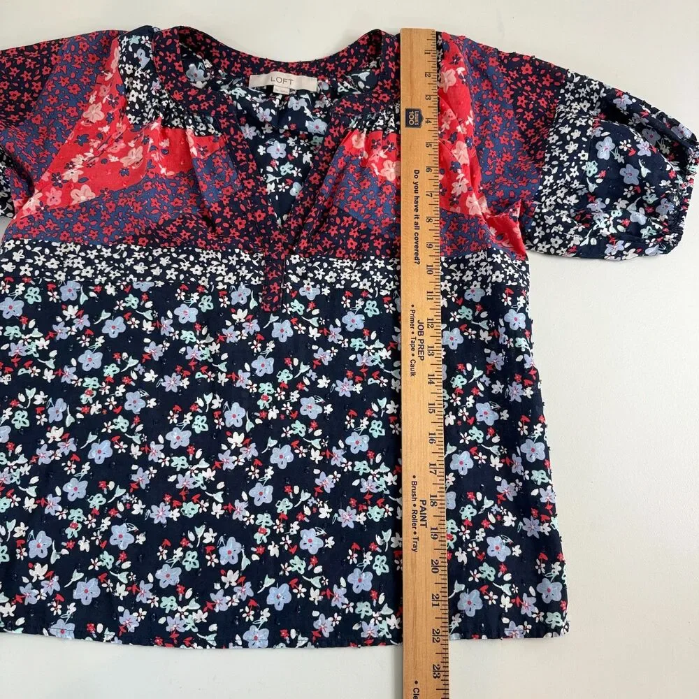 LOFT Women's Puff Sleeve Top Red White Blue Floral 100% Cotton Size XS
